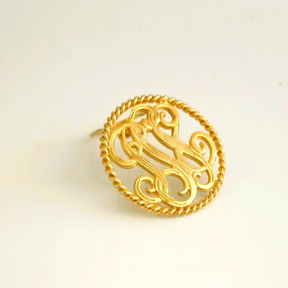 Woman's Monogram Scarf Clip Round Initial Gold Tone Shawl Clip